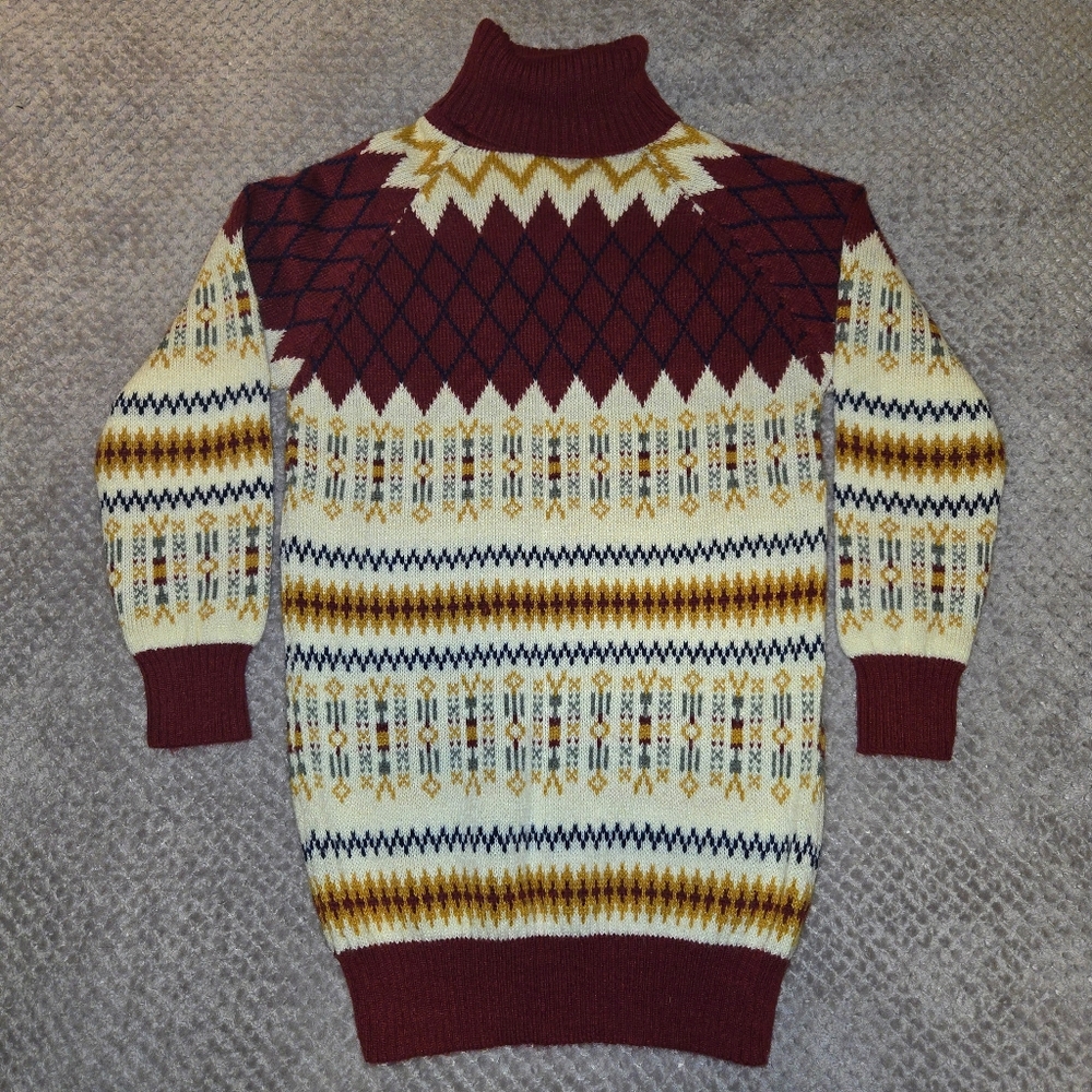 Women's Vintage Burgundy and Cream Patterned Turtleneck Sweater Dress